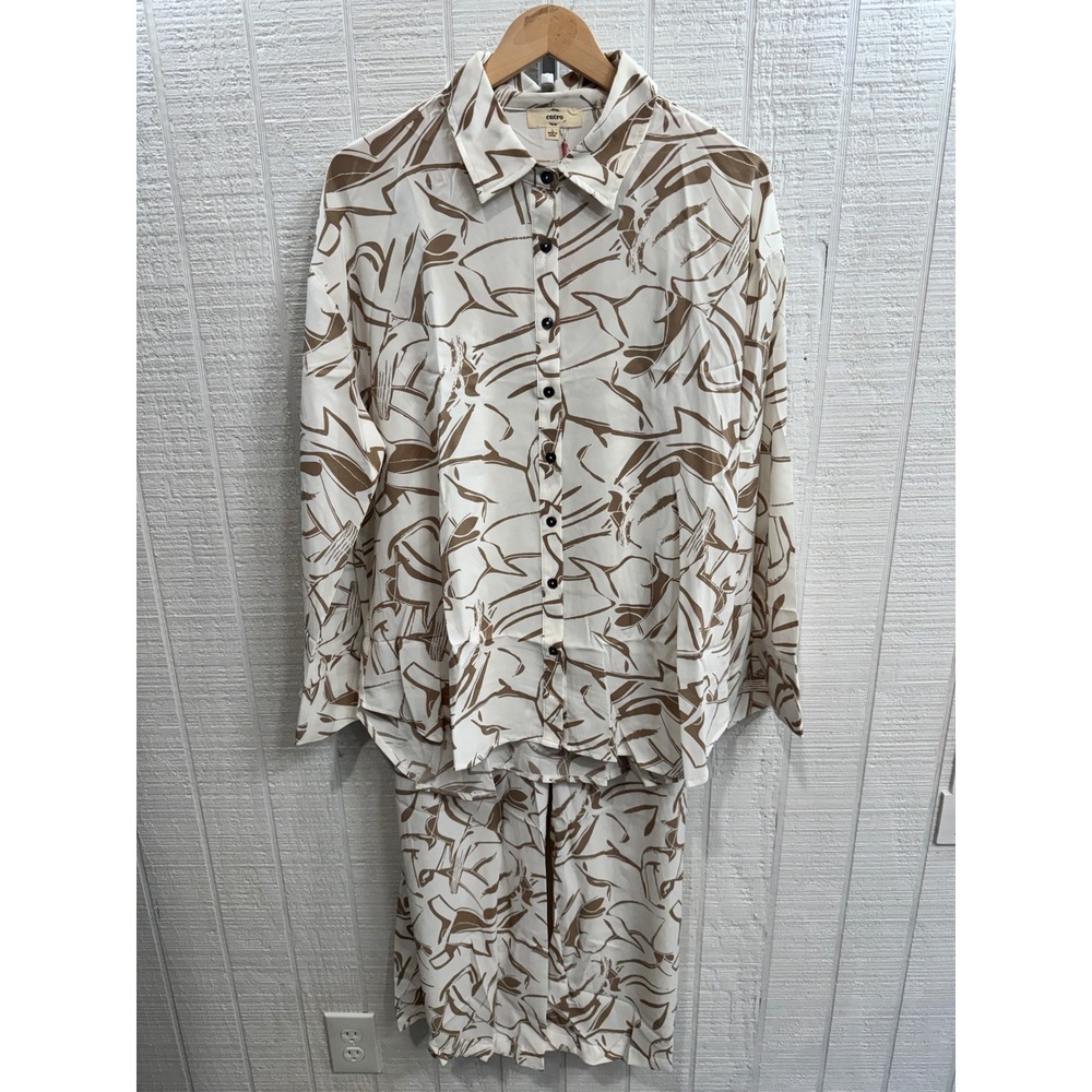 Entro 2 Piece Set Women Large Cream Tan Abstract Print Shirt Wide Leg Pants NEW